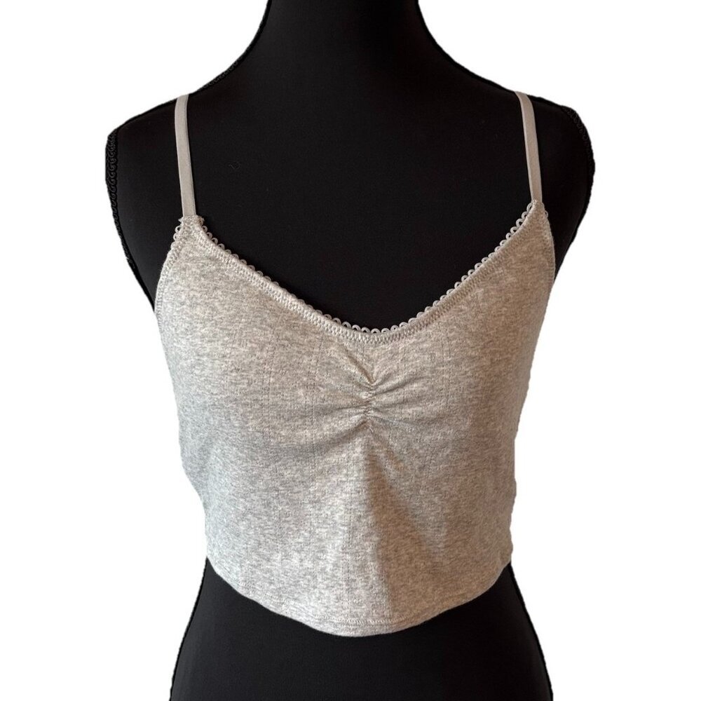 NWT Aerie Cami Tank Top Cropped Pointelle Small Gray Preppy Athleisure Coquette